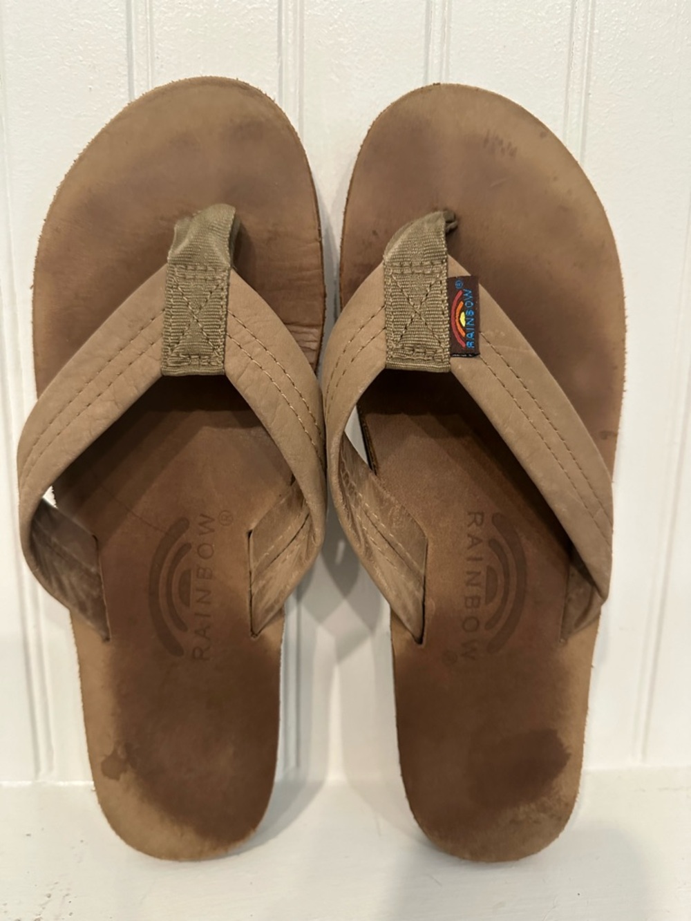 Rainbow Tan Leather Flip Flops with Brown Footbed
